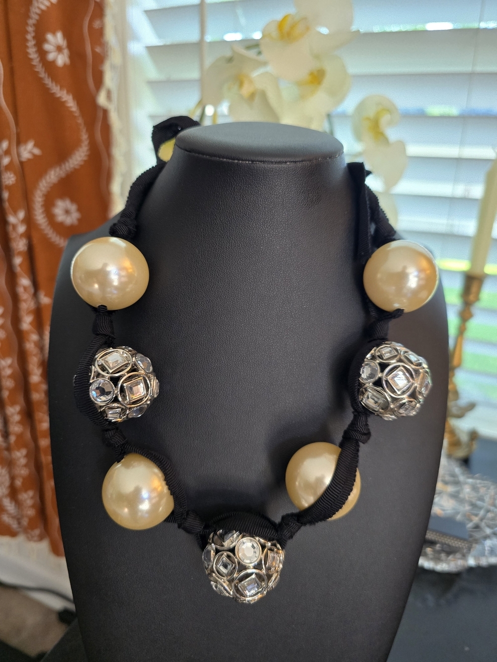 Chico's Brand Elegant Pearl and Crystal Statement Necklace - Black and Gold